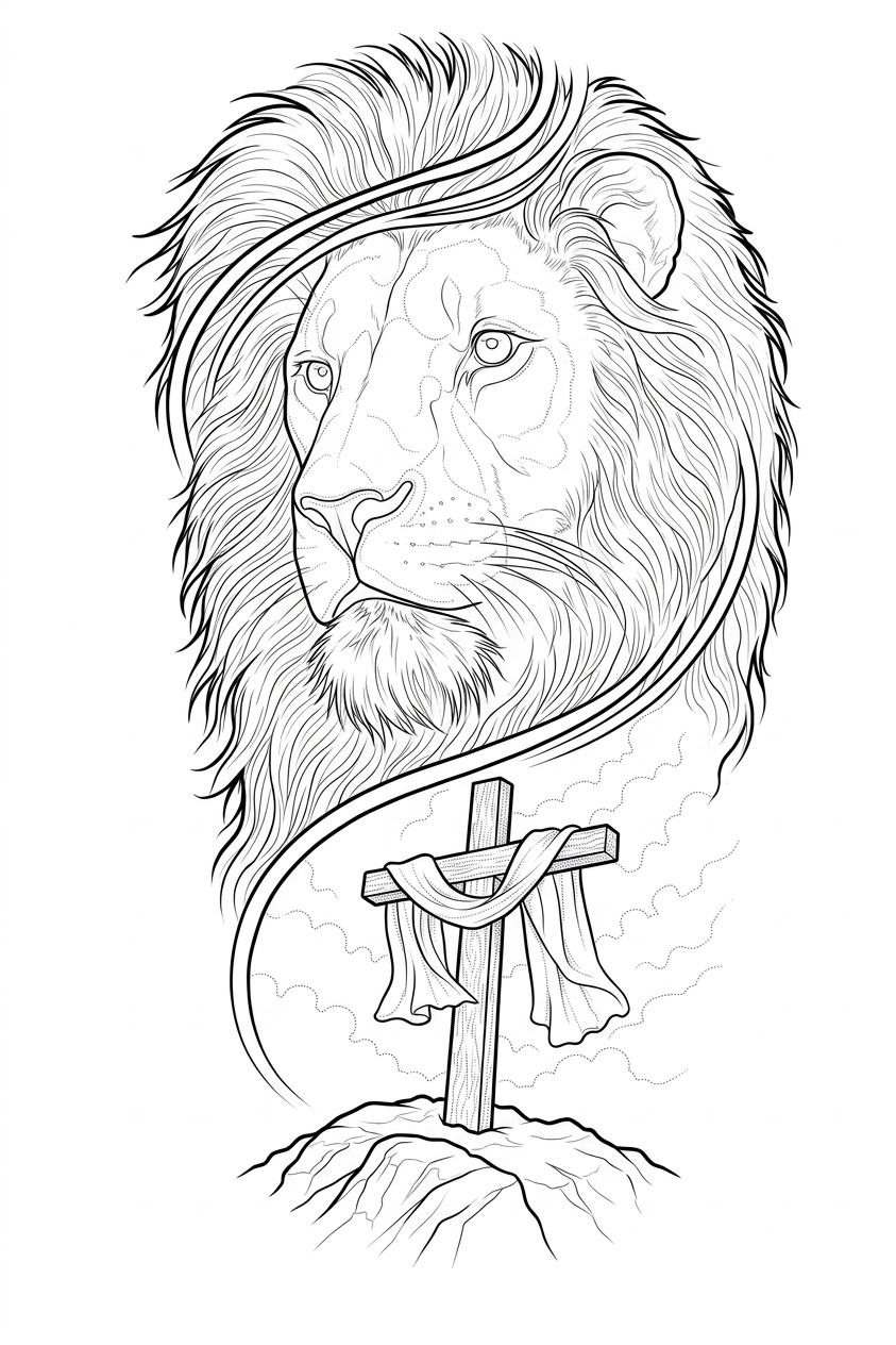 Black linework design: lion and draped cross.