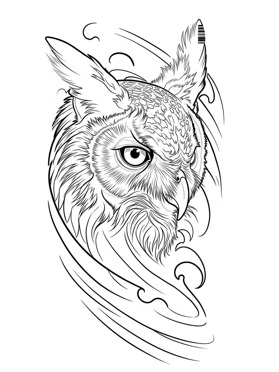 Black linework design: owl in flowing lines.