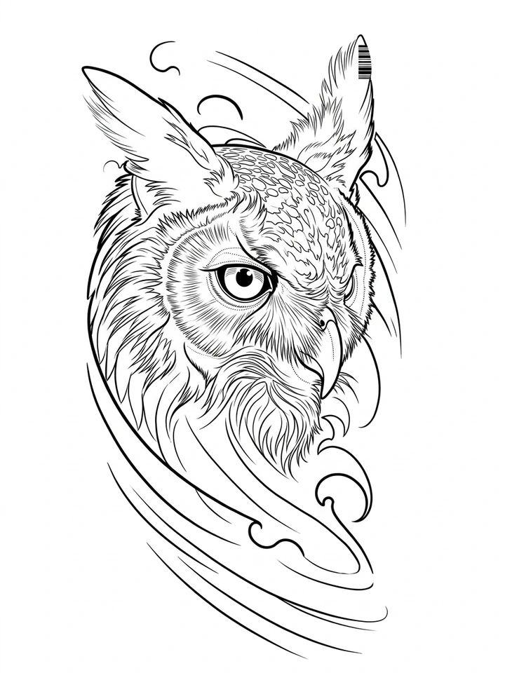 Black linework design: owl in flowing lines.