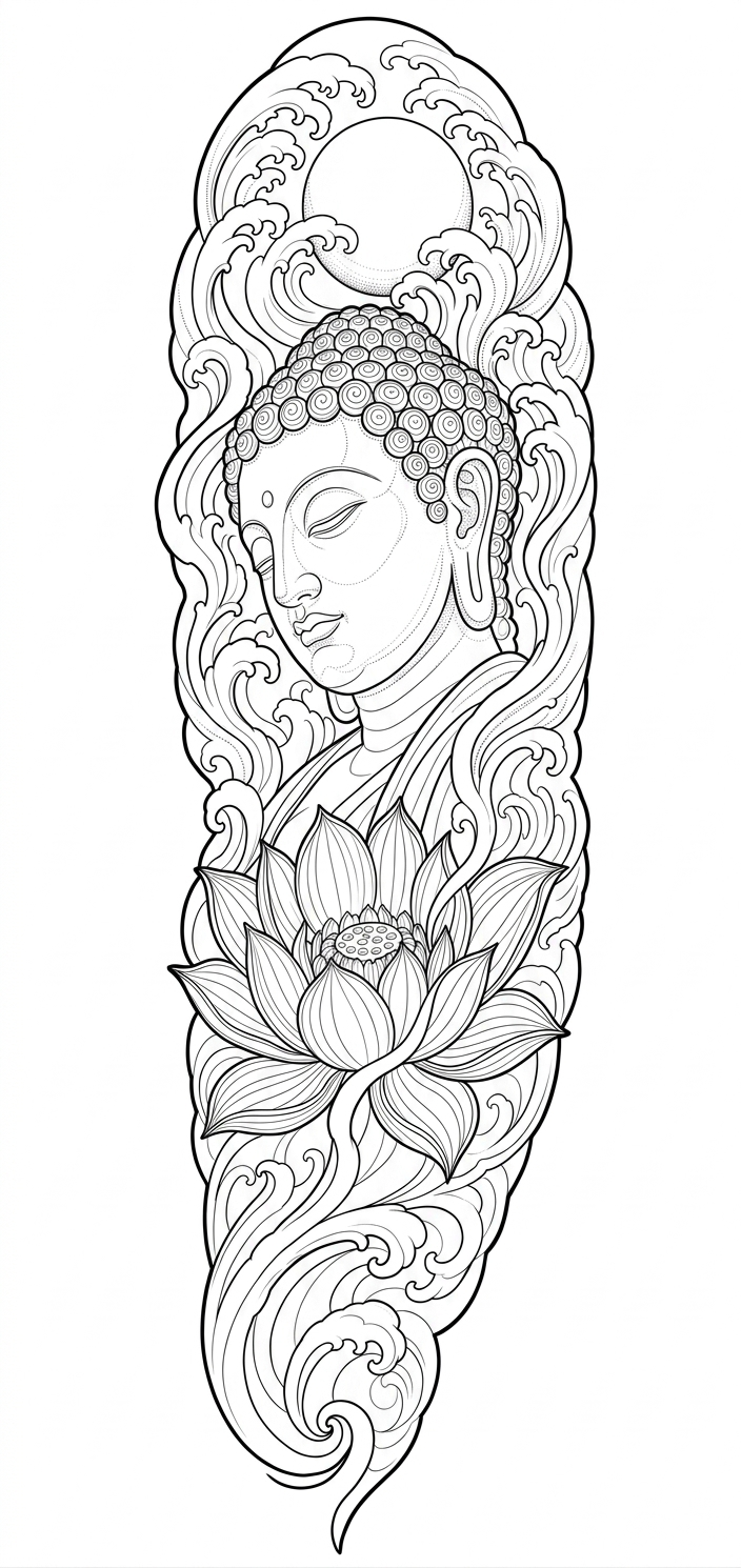Black linework design: buddha with lotus and clouds.