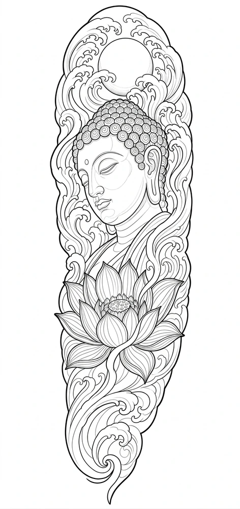 Black linework design: buddha with lotus and clouds.
