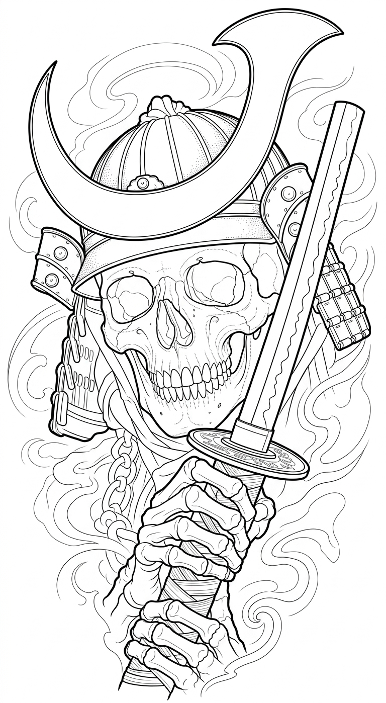 Black linework design: samurai skull and sword.