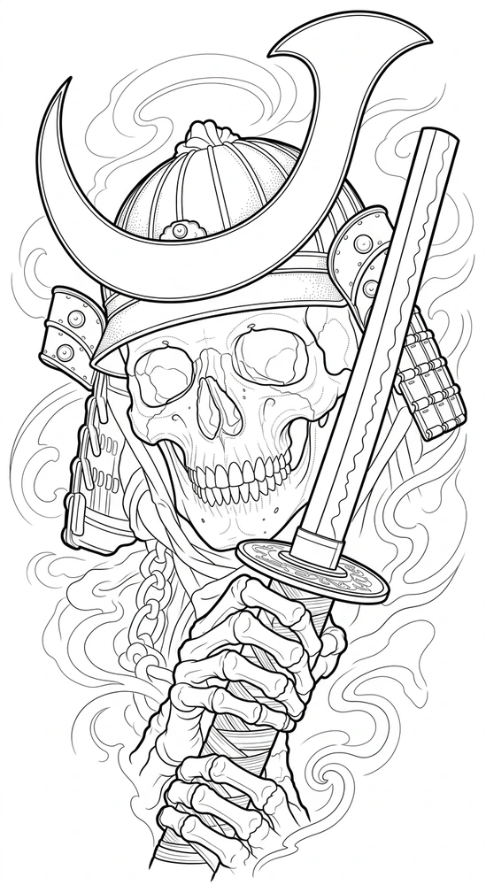 Black linework design: samurai skull and sword.
