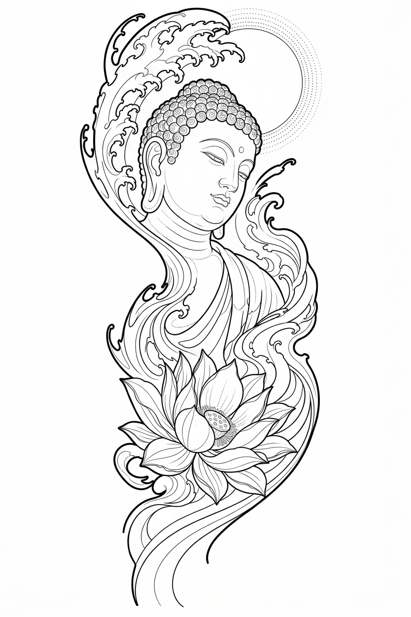 Black linework design: buddha among curling waves.