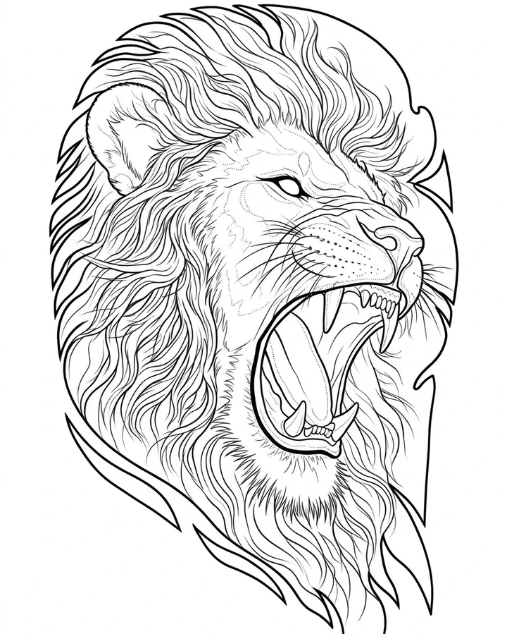 Black linework design: roaring lion close-up.
