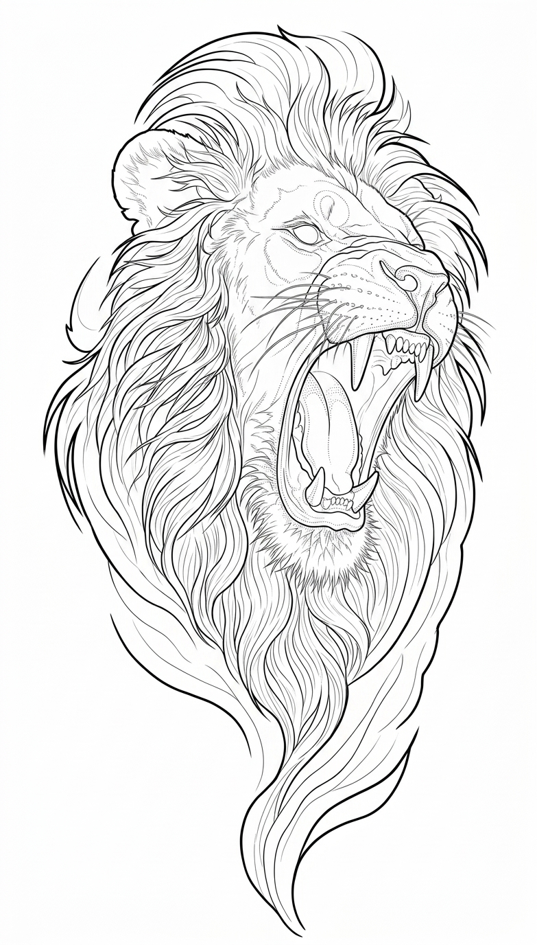 Black linework design: roaring lion with flowing mane.
