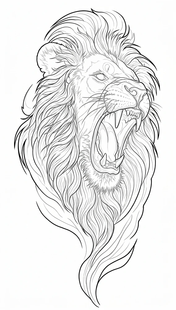 Black linework design: roaring lion with flowing mane.