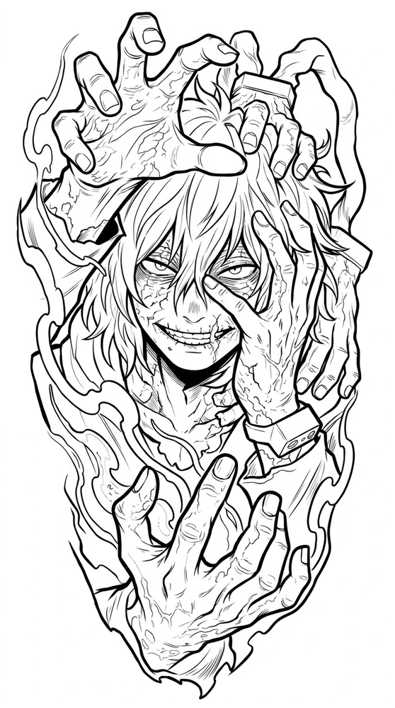 Black linework design: shigaraki and reaching hands.