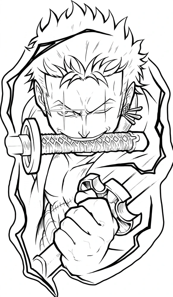 Black linework design: zoro with blade in his mouth.