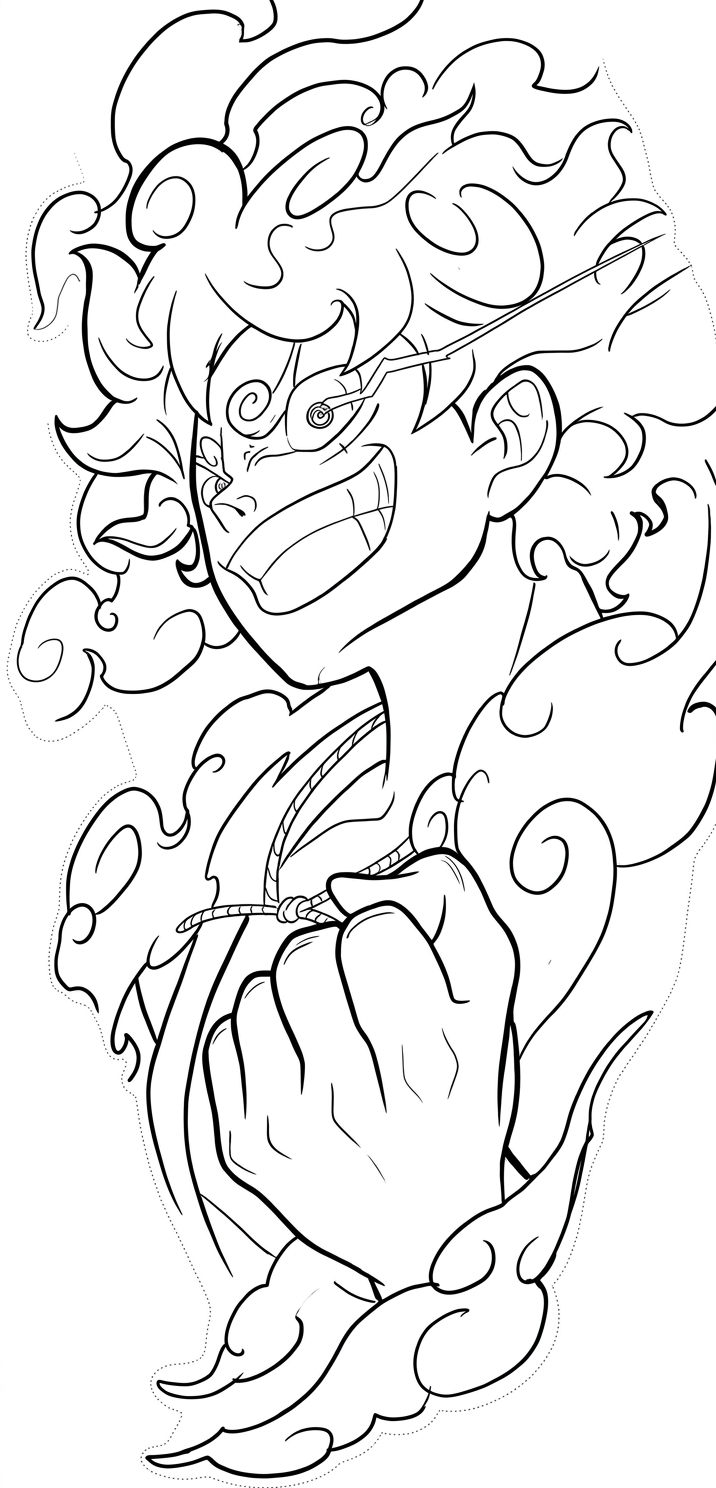 Black linework design: luffy in swirling clouds.