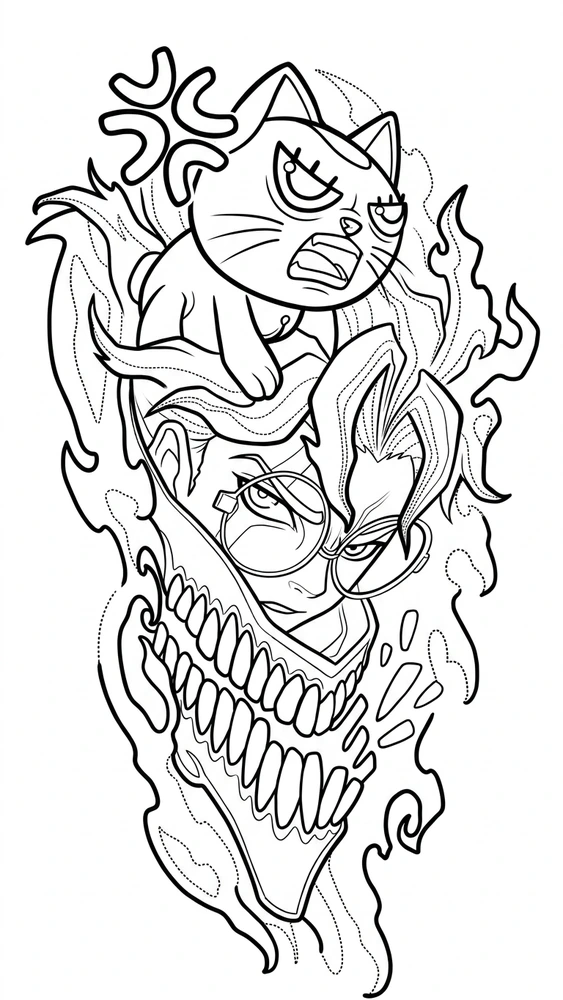 Black linework design: dandadan character stack.