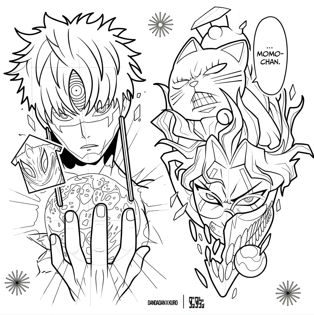 Black linework design: dandadan split portrait.