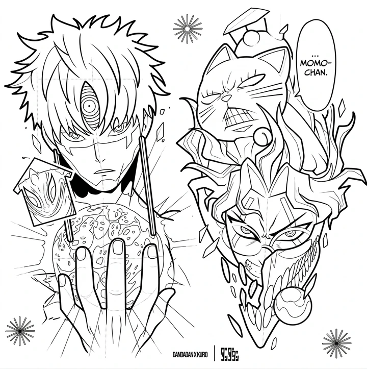 Black linework design: dandadan split portrait.