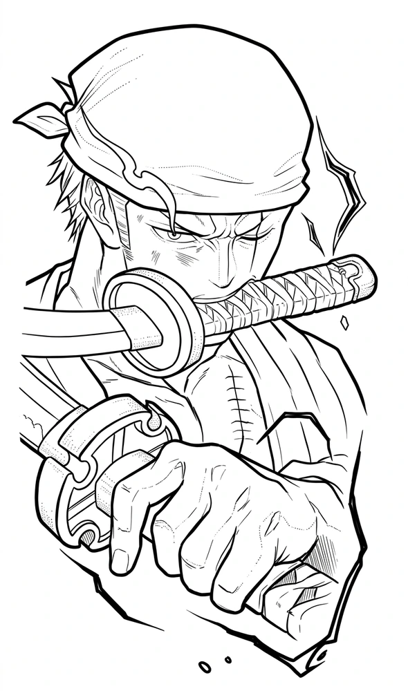 Black linework design: zoro with crossed swords.