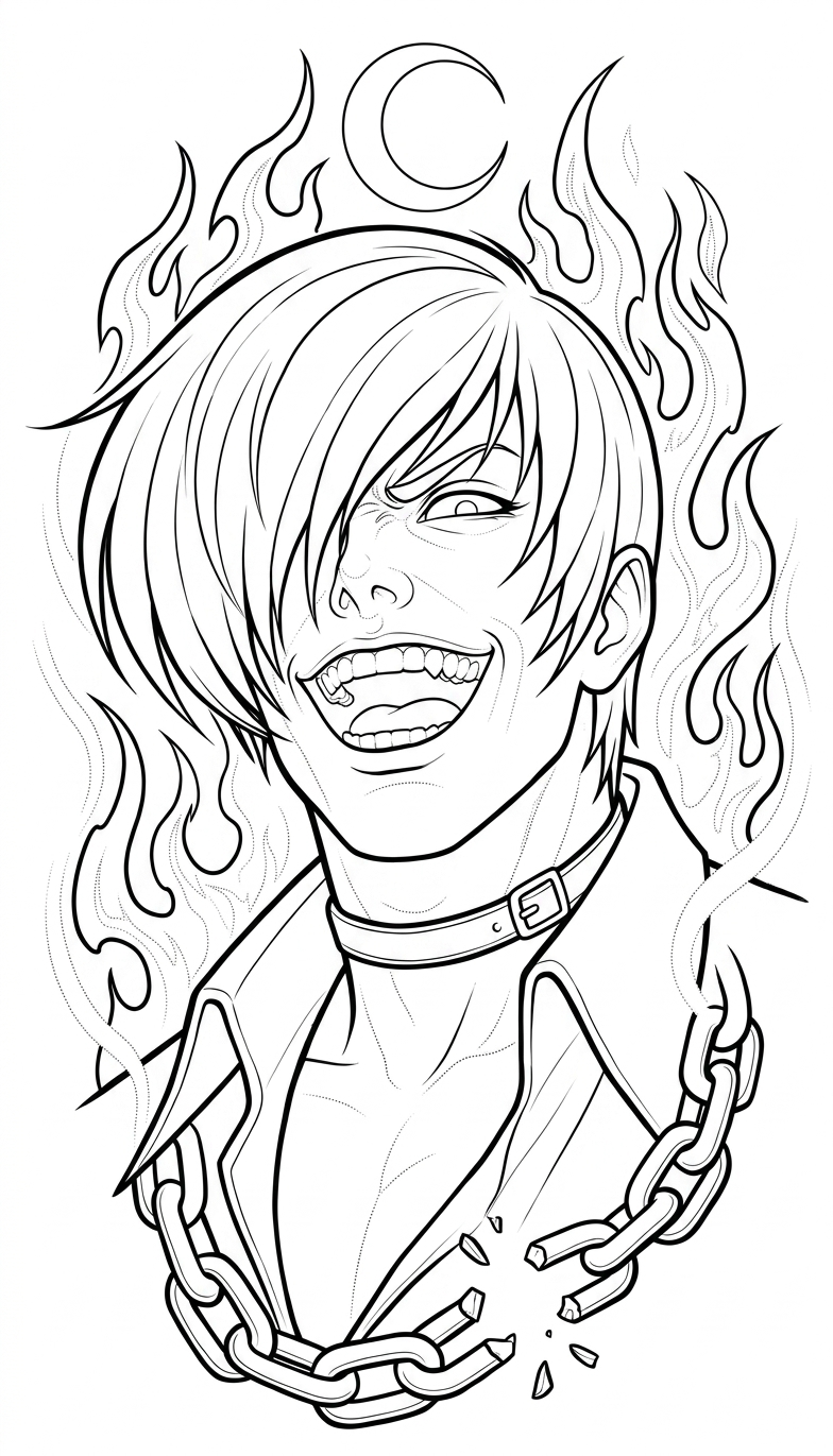 Black linework design: iori with flames and chain.