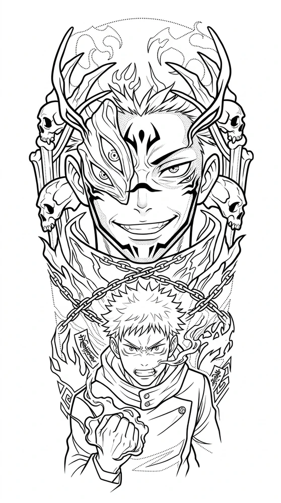 Black linework design: sukuna and yuji.
