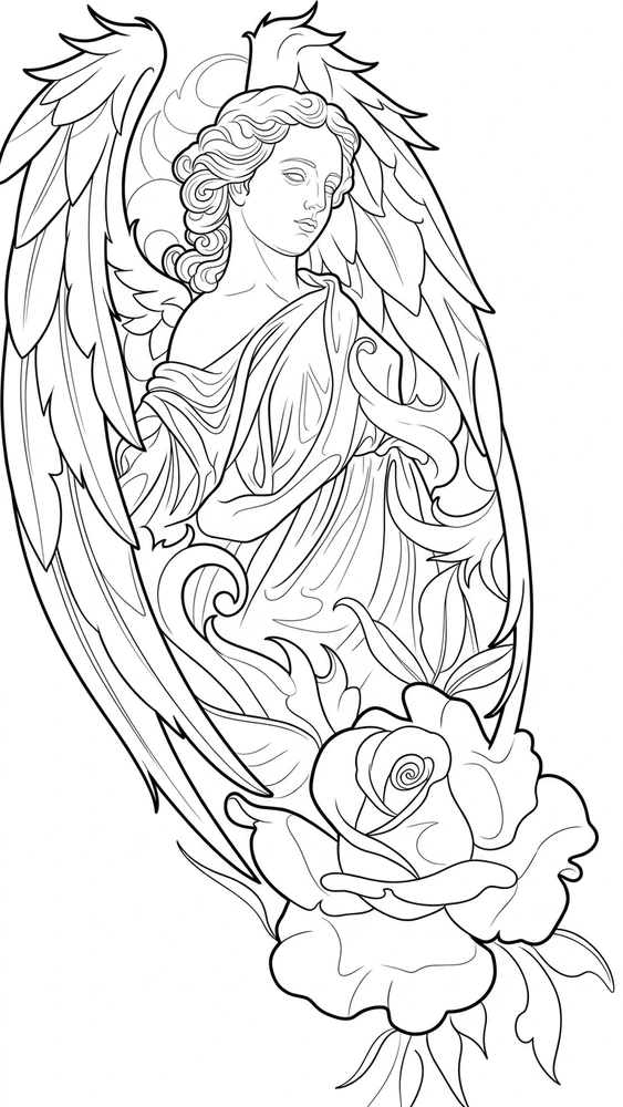 Black linework design: angel with rose and wings.