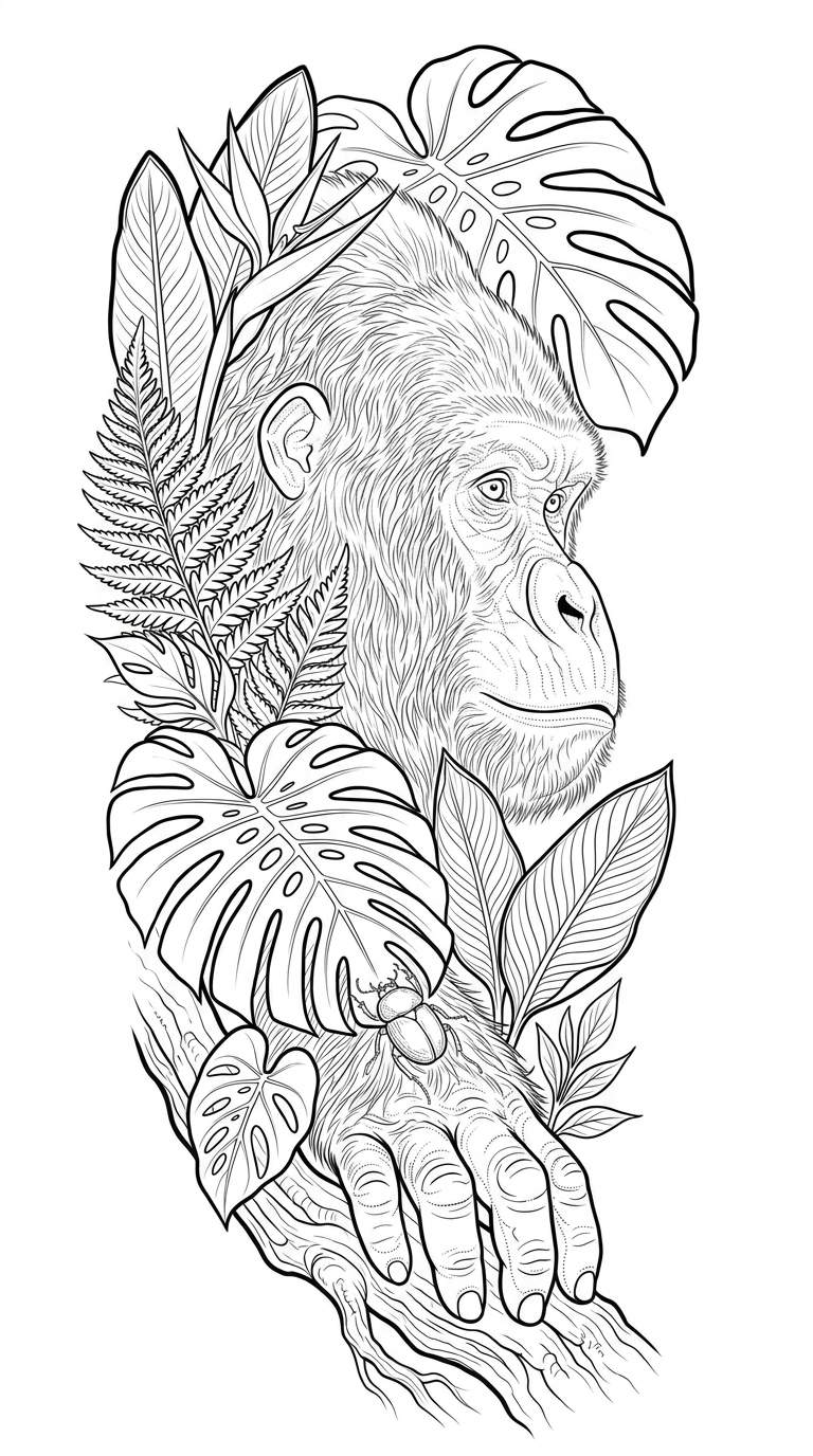 Black linework design: gorilla among tropical leaves.