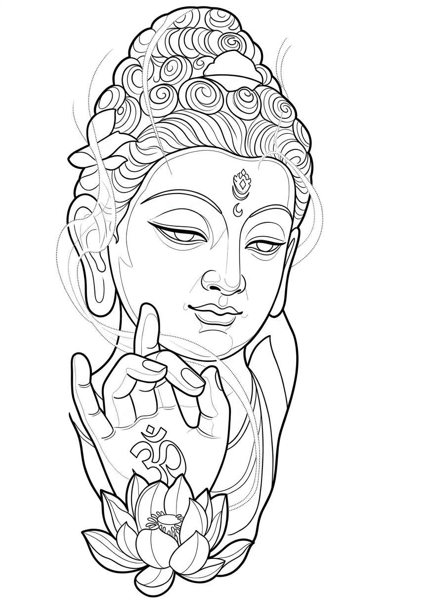 Black linework design: buddha with hand and lotus.