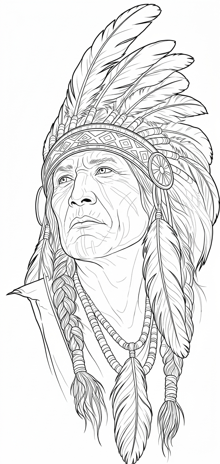Black linework design: portrait with feathered headdress.