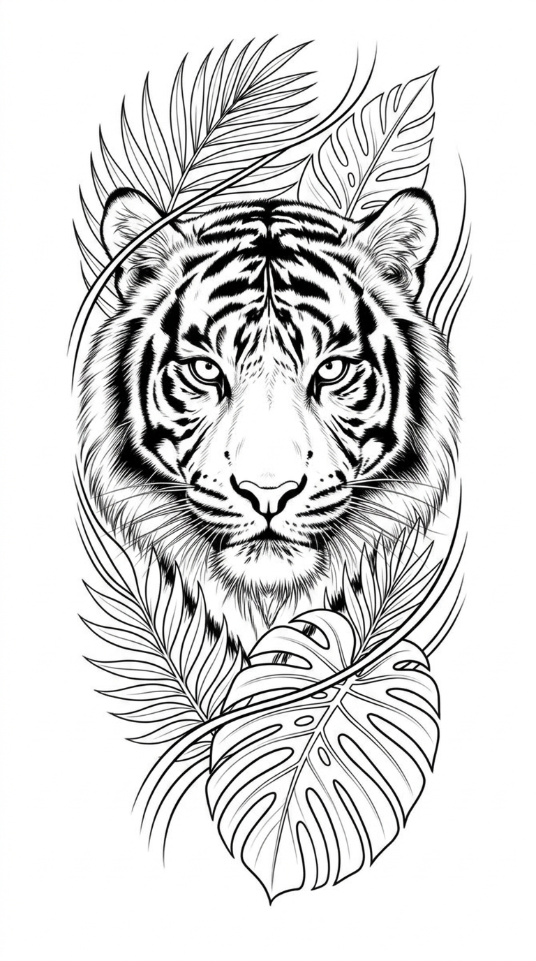 Black linework design: tiger among tropical leaves.