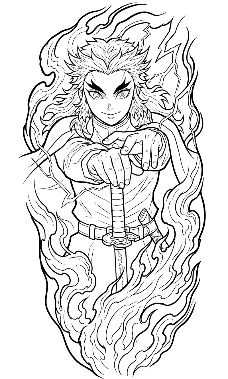 Black linework design: rengoku and rising flames.
