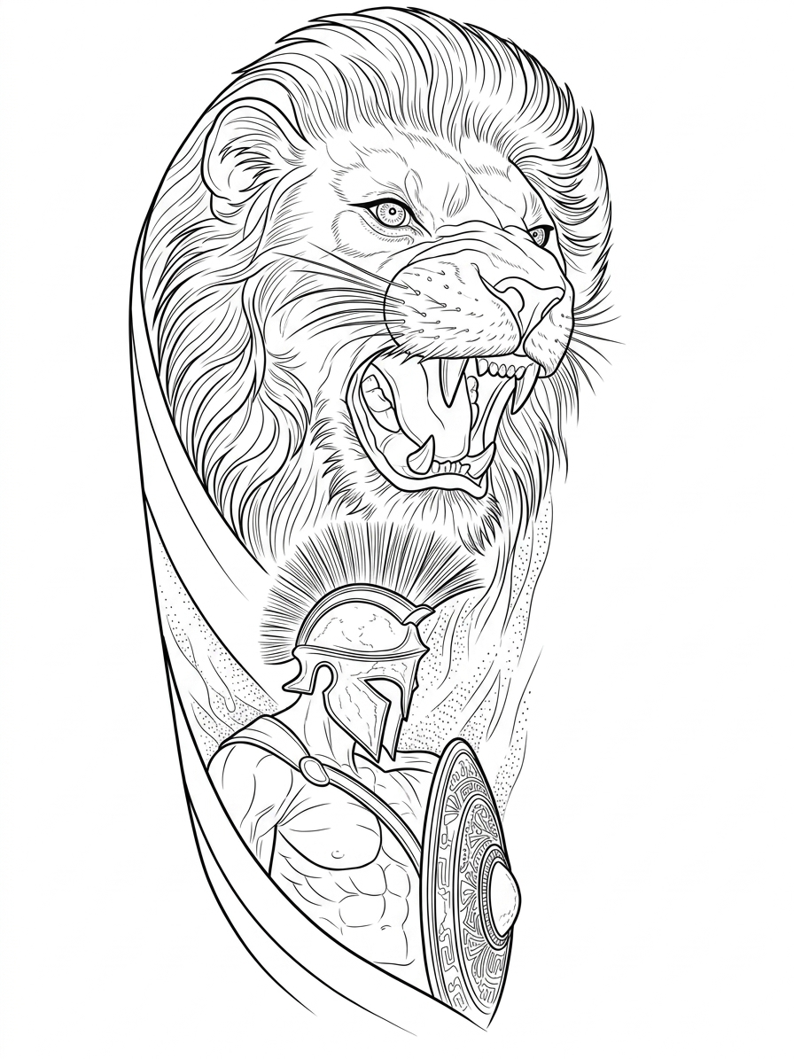 Black linework design: lion above warrior helmet.