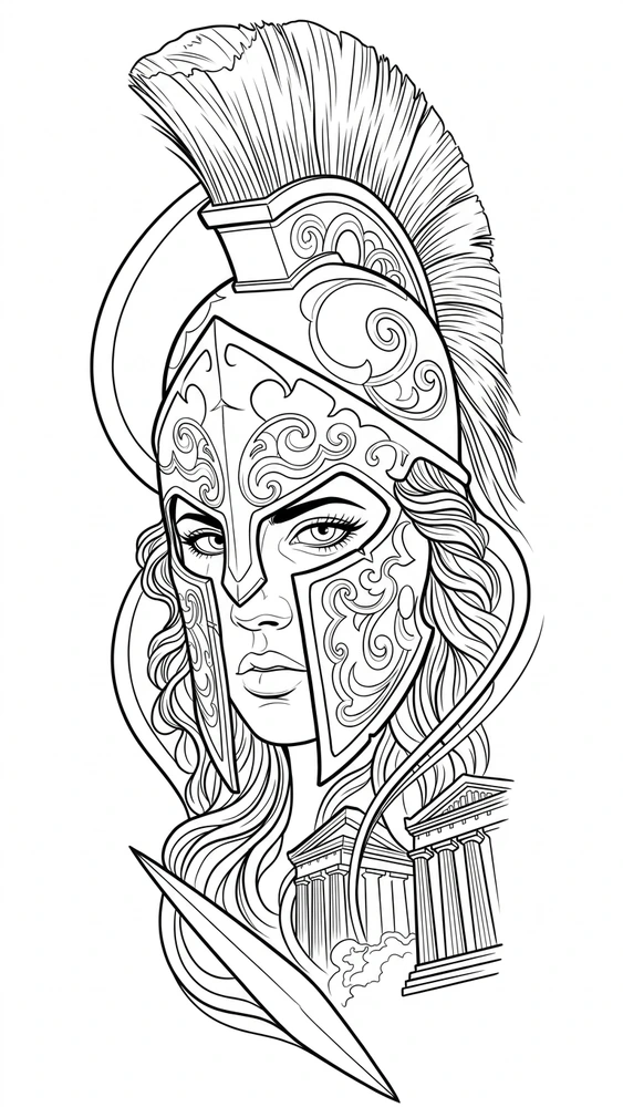 Black linework design: classical helmet and temple study.