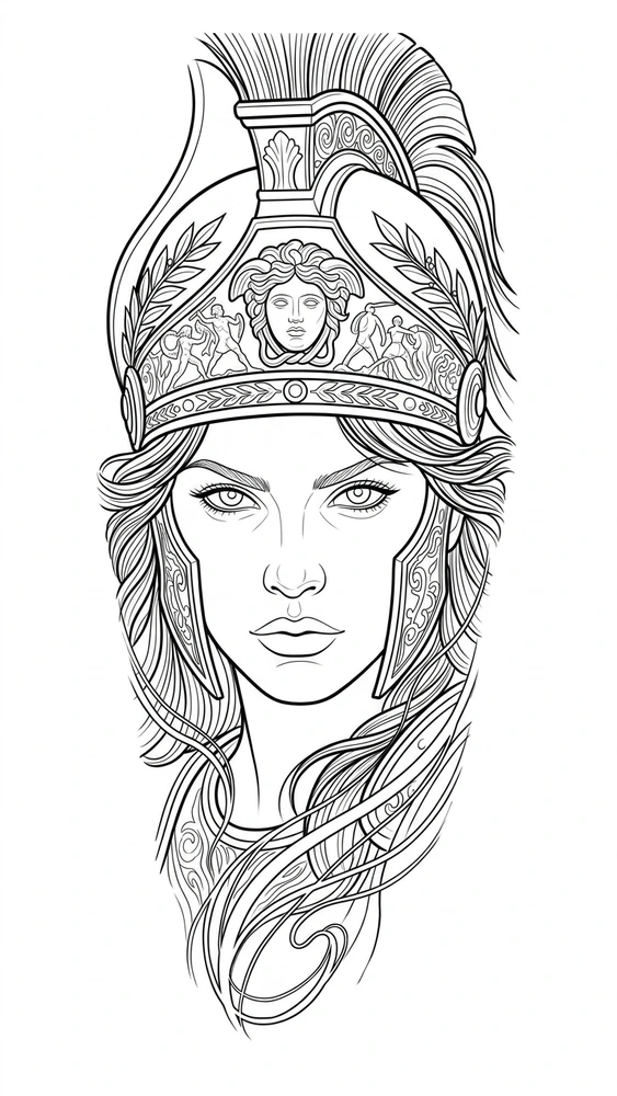 Black linework design: woman in ornate warrior helmet.