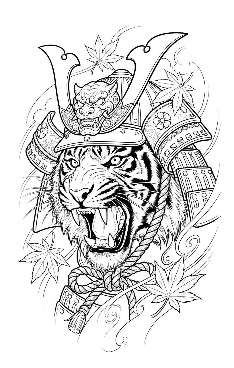 Black linework design: tiger in samurai armor.