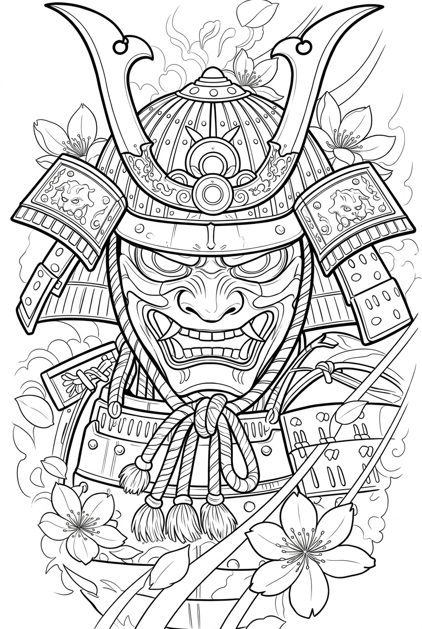 Black linework design: samurai mask with blossoms.
