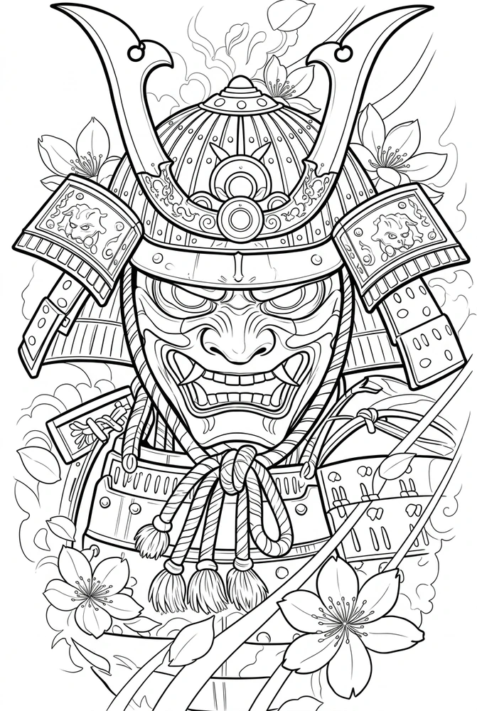 Black linework design: samurai mask with blossoms.