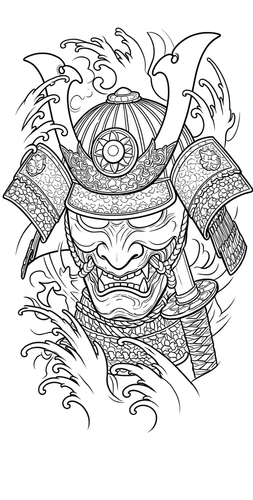 Black linework design: samurai mask and curling water.