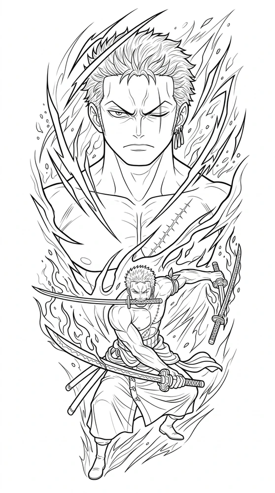 Black linework design: zoro portrait and sword action.