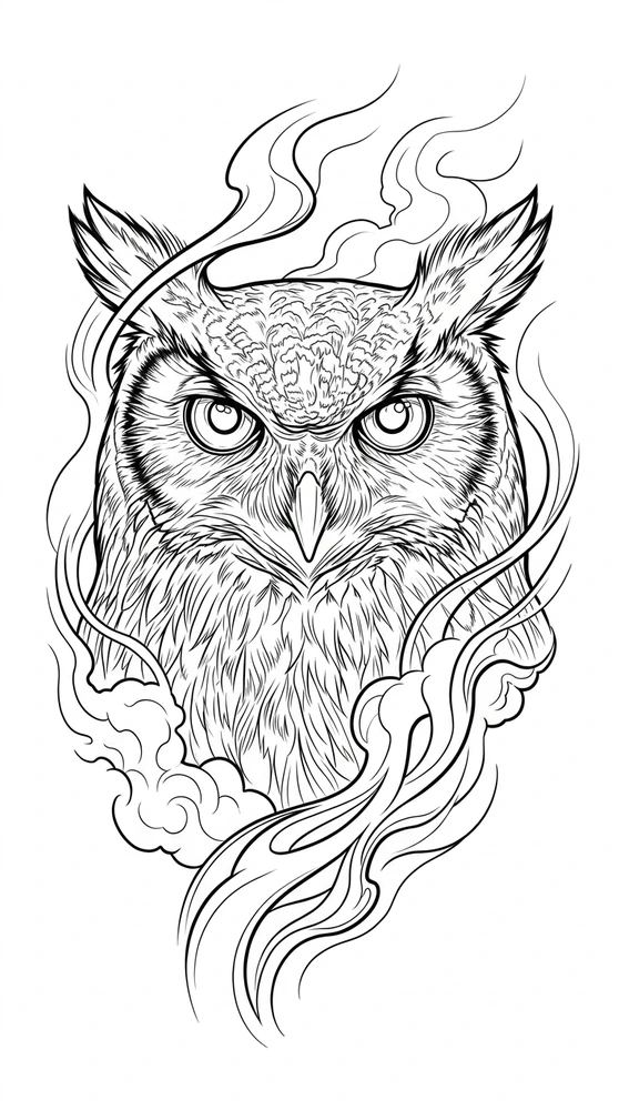 Black linework design: owl with flame-like ornament.
