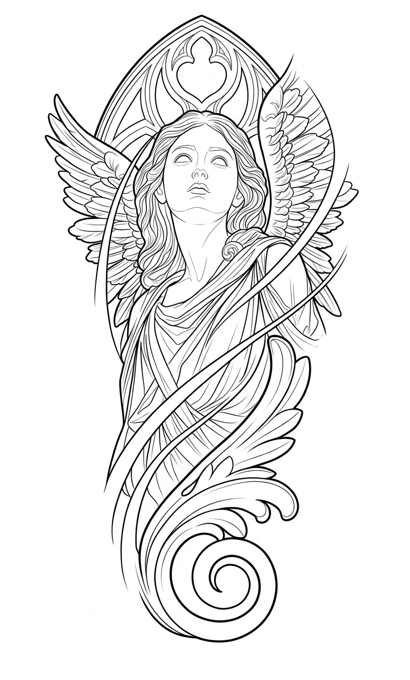Black linework design: angel in an ornamental frame.