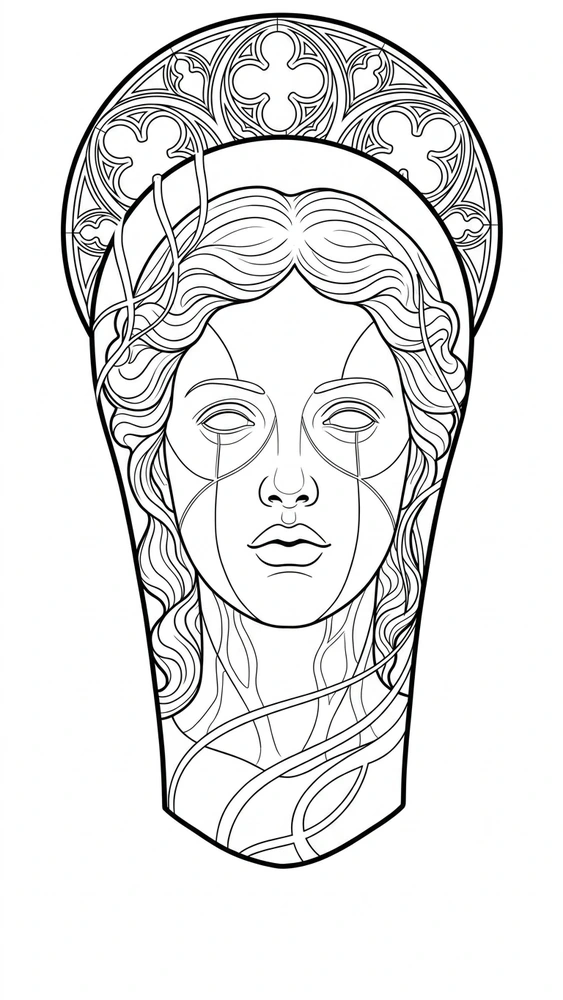 Black linework design: classical face in an arched frame.