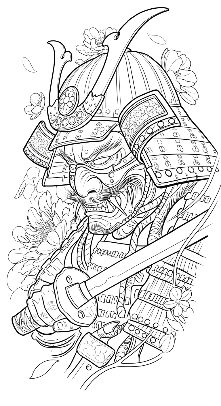 Black linework design: samurai mask with katana.