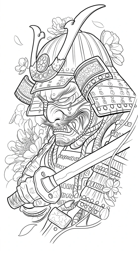 Black linework design: samurai mask with katana.
