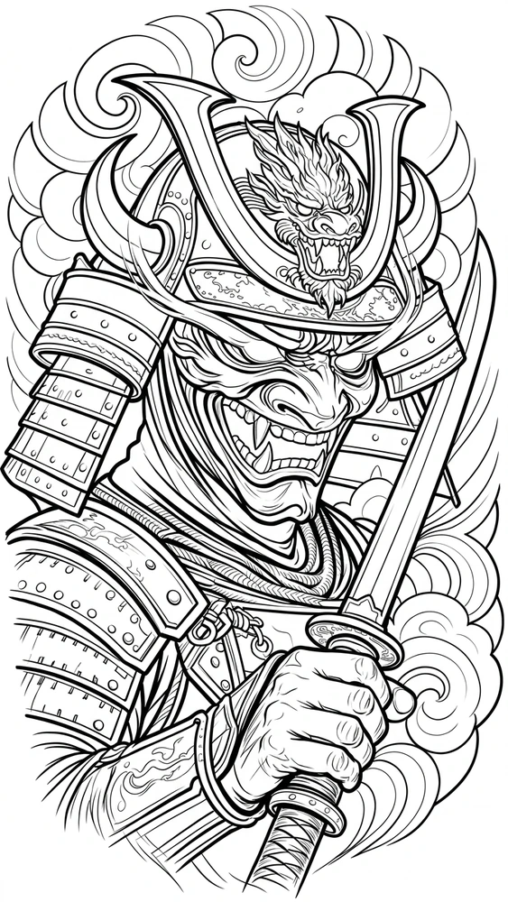 Black linework design: armored samurai holding a sword.