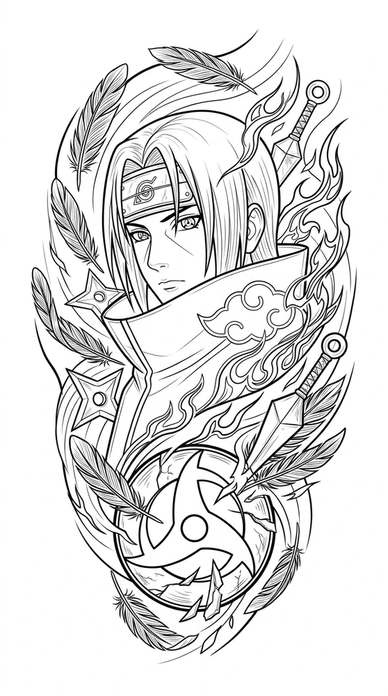 Black linework design: itachi with leaves and flames.