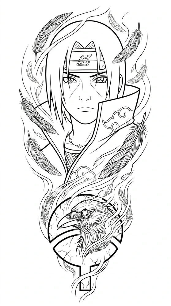 Black linework design: itachi and raven portrait.