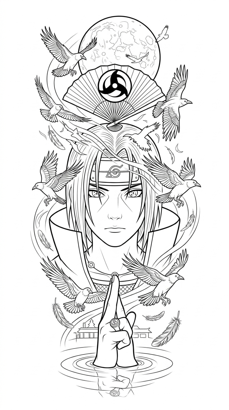 Black linework design: itachi beneath moon and crows.