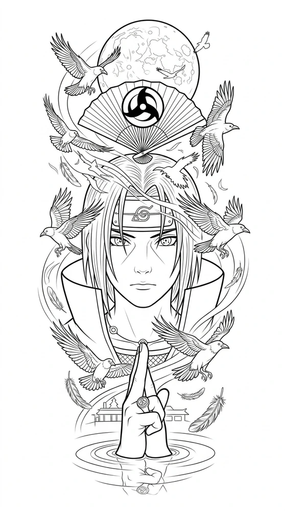 Black linework design: itachi beneath moon and crows.