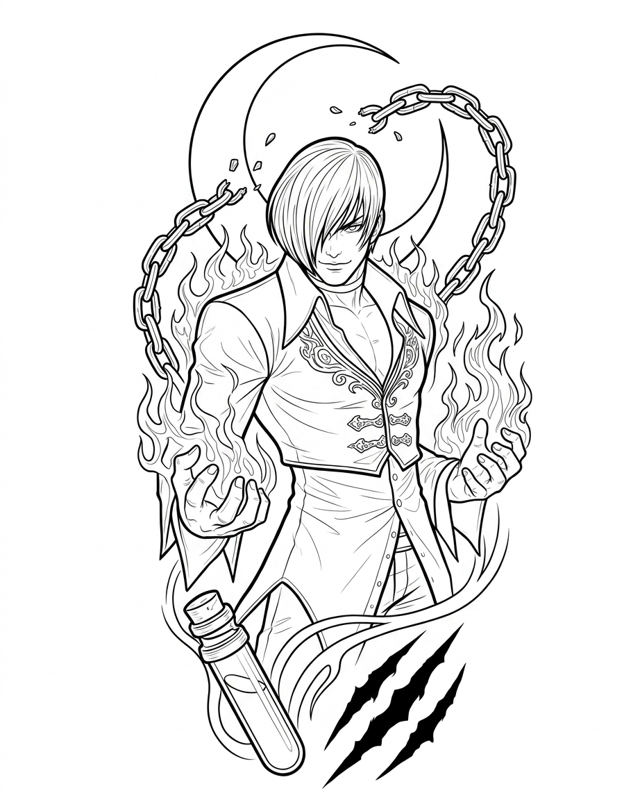 Black linework design: iori with moon and chains.