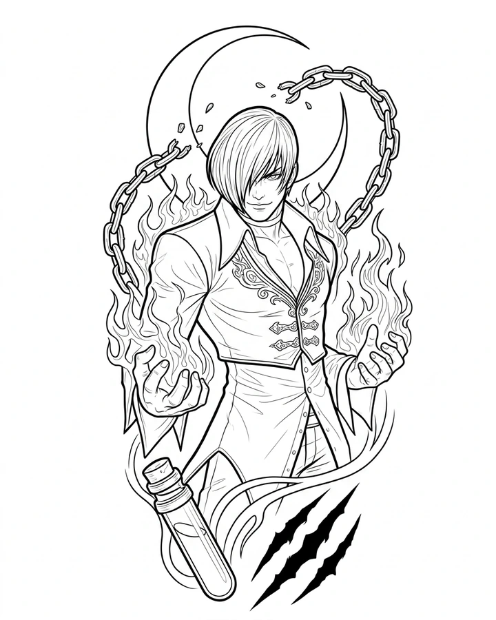 Black linework design: iori with moon and chains.