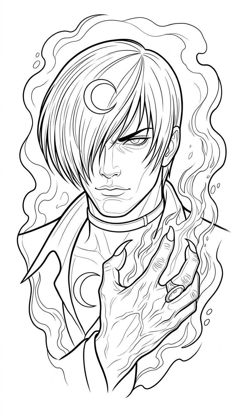 Black linework design: iori portrait with crescent moon.
