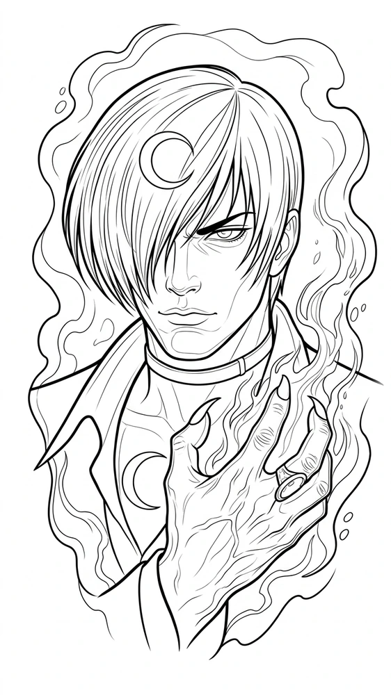 Black linework design: iori portrait with crescent moon.