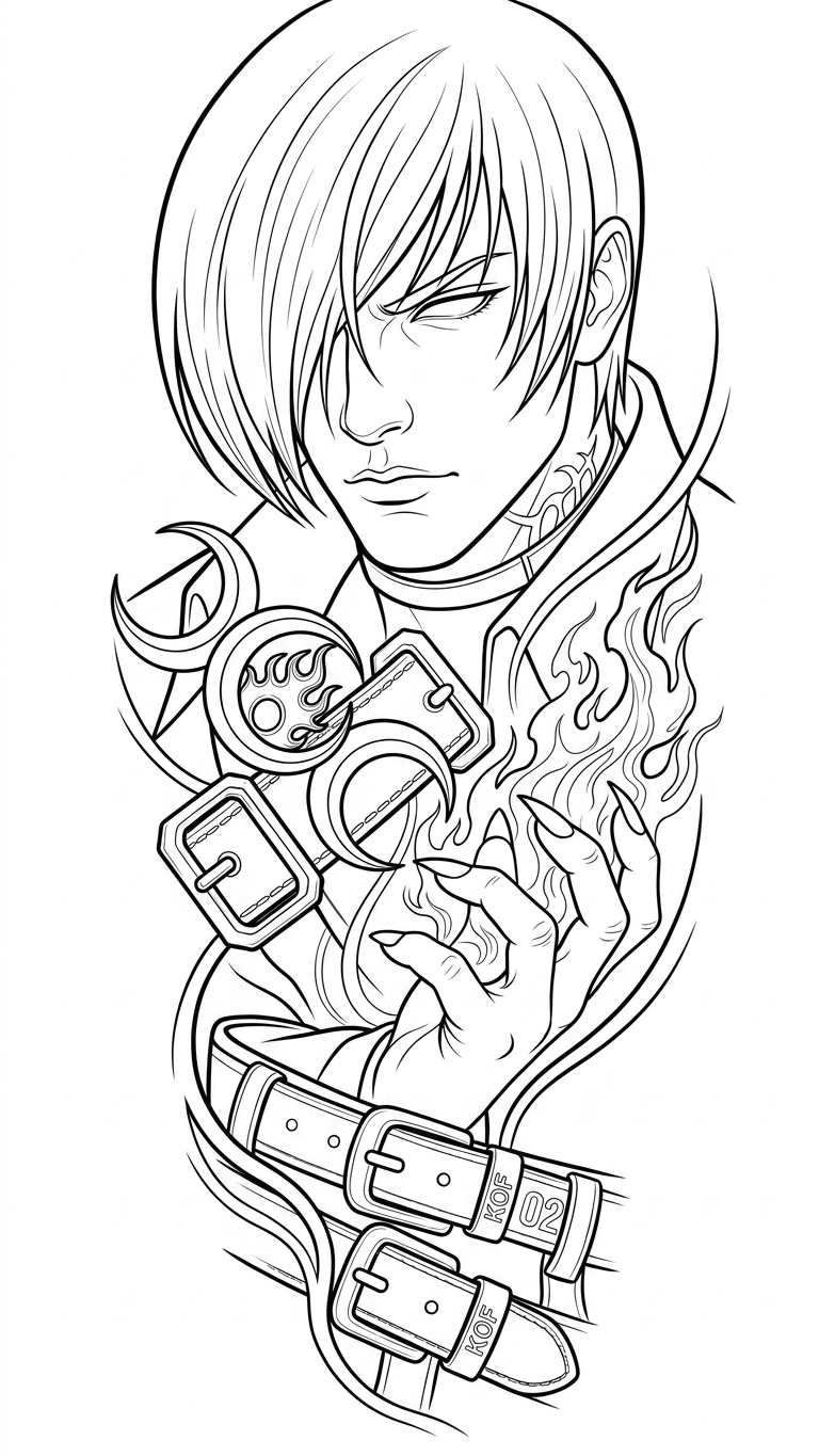Black linework design: iori with buckles and flames.