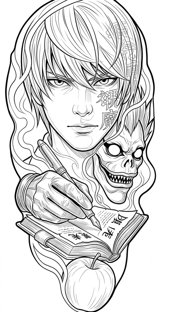 Black linework design: light yagami with skull and apple.